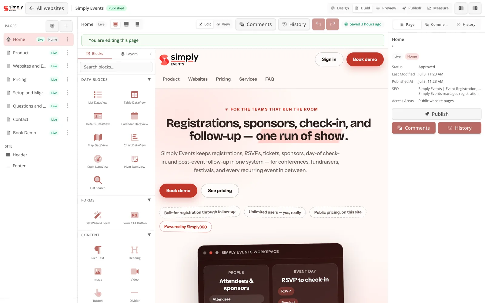The Simply Events website open in Website Studio.